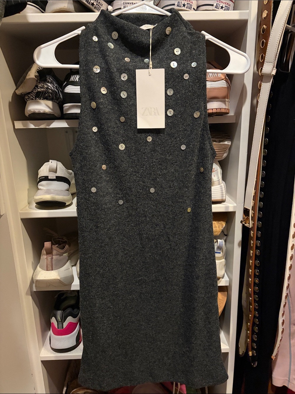 Zara Charcoal Gray Sleeveless Sequin-Stud Midi Dress